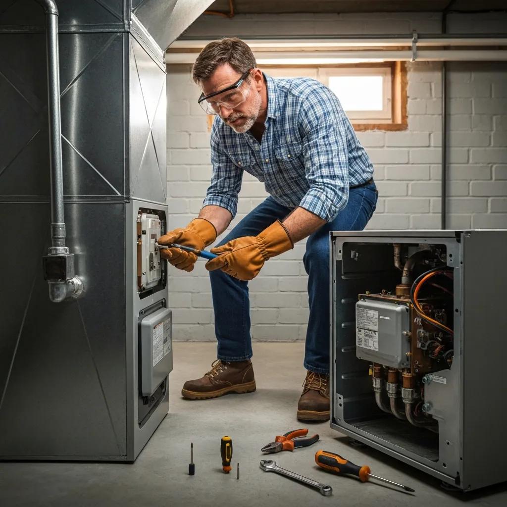 Homeowner safely observing furnace ignition components during troubleshooting